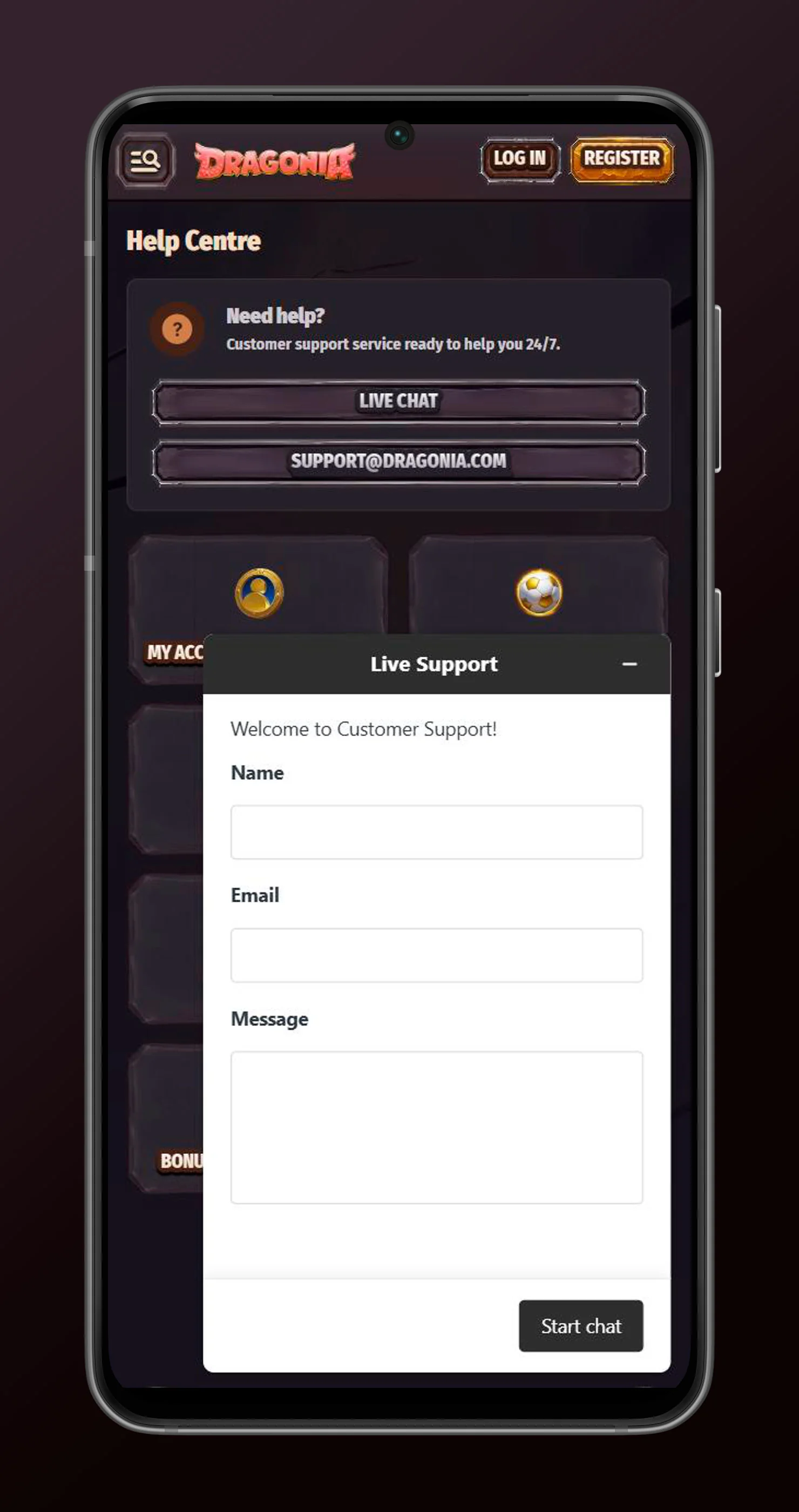 help centre live chat dragonia casino